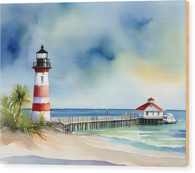 Pier and Lighthouse, Wood Print, Watercolor, Impressionistic Landscape, Beach Artwork, Beach Landscape, Pier Art, Wall Décor, Wall Art