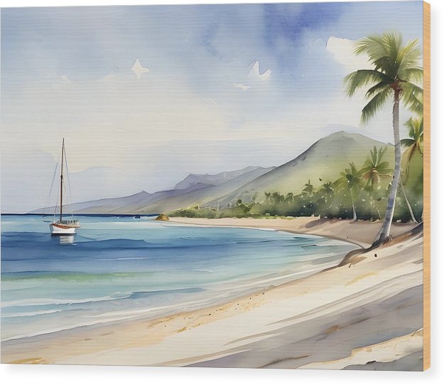 Pinneys Beach, Wood Print, Watercolor, Impressionistic Landscape, Beach Artwork, Beach Landscape, Nevis Art, Wall Décor, Wall Art