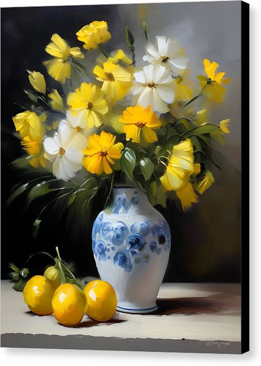 Porcelain Vase, Canvas Print, Still Life Art, Oil on Canvas, Yellow and White Flowers, Wall Décor, Wall Art, Artwork, Art Piece