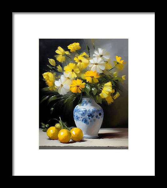 Porcelain Vase, Framed Print, Still Life Art, Oil on Canvas, Yellow and White Flowers, Wall Décor, Wall Art, Artwork, Art Piece