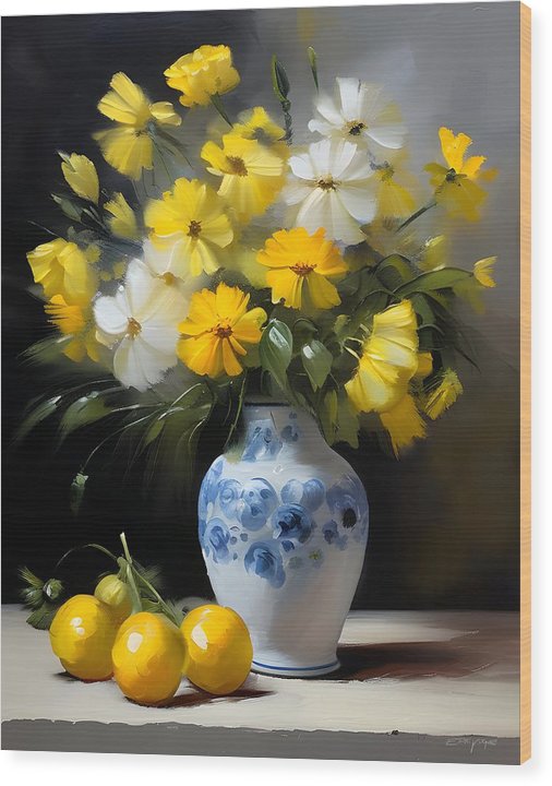 Porcelain Vase, Wood Print, Still Life Art, Oil on Canvas, Yellow and White Flowers, Wall Décor, Wall Art, Artwork, Art Piece