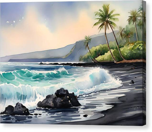 Punalu'u Black Sand Beach, Canvas Print, Watercolor, Impressionistic Landscape, Beach Artwork, Beach Landscape, Hawaii Art, Wall Décor, Wall Art