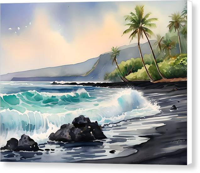 Punalu'u Black Sand Beach, Canvas Print, Watercolor, Impressionistic Landscape, Beach Artwork, Beach Landscape, Hawaii Art, Wall Décor, Wall Art