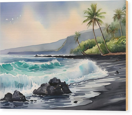 Punalu'u Black Sand Beach, Wood Print, Watercolor, Impressionistic Landscape, Beach Artwork, Beach Landscape, Hawaii Art, Wall Décor, Wall Art