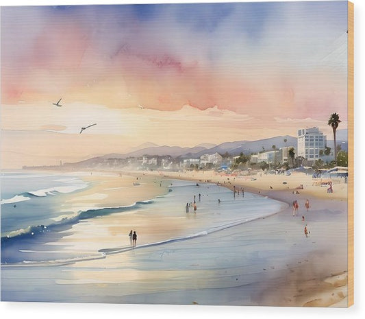 Santa Monica Beach, Wood Print, Watercolor, Impressionistic Landscape, Beach Artwork, Beach Landscape, California Art, Wall Décor, Wall Art