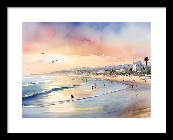 Santa Monica Beach, Framed Print, Watercolor, Impressionistic Landscape, Beach Artwork, Beach Landscape, California Art, Wall Décor, Wall Art