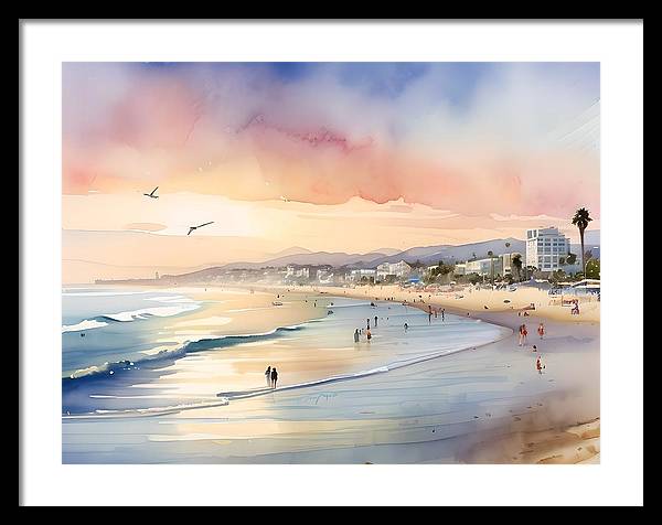 Santa Monica Beach, Framed Print, Watercolor, Impressionistic Landscape, Beach Artwork, Beach Landscape, California Art, Wall Décor, Wall Art