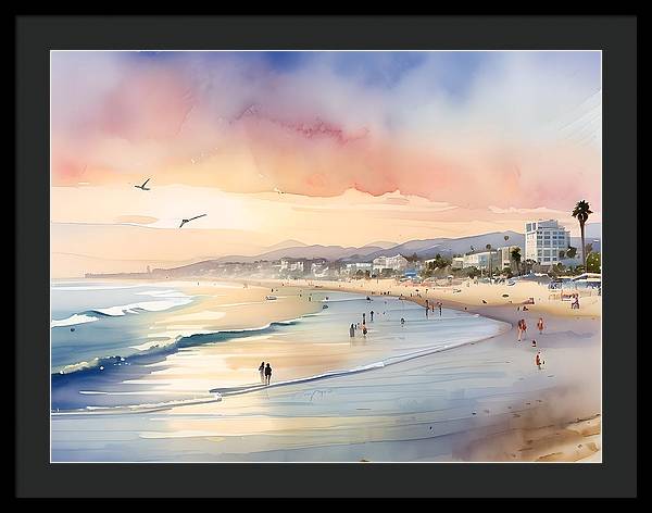 Santa Monica Beach, Framed Print, Watercolor, Impressionistic Landscape, Beach Artwork, Beach Landscape, California Art, Wall Décor, Wall Art