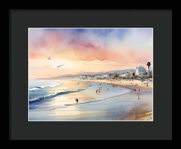 Santa Monica Beach, Framed Print, Watercolor, Impressionistic Landscape, Beach Artwork, Beach Landscape, California Art, Wall Décor, Wall Art