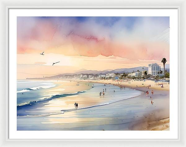 Santa Monica Beach, Framed Print, Watercolor, Impressionistic Landscape, Beach Artwork, Beach Landscape, California Art, Wall Décor, Wall Art