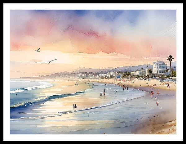 Santa Monica Beach, Framed Print, Watercolor, Impressionistic Landscape, Beach Artwork, Beach Landscape, California Art, Wall Décor, Wall Art