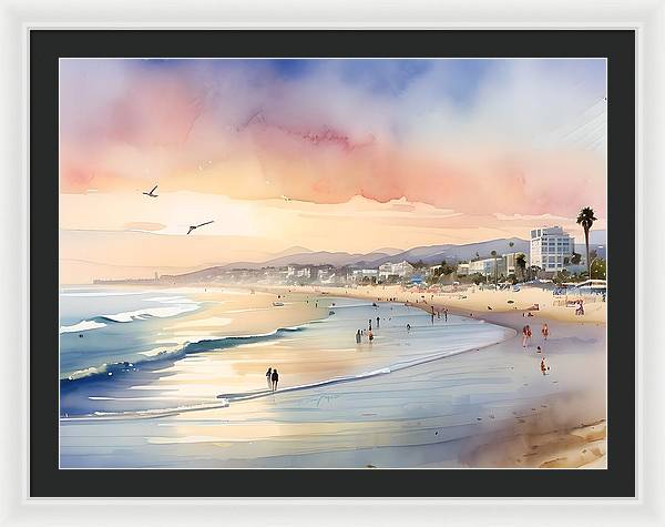 Santa Monica Beach, Framed Print, Watercolor, Impressionistic Landscape, Beach Artwork, Beach Landscape, California Art, Wall Décor, Wall Art