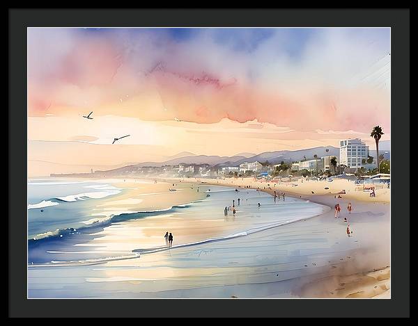 Santa Monica Beach, Framed Print, Watercolor, Impressionistic Landscape, Beach Artwork, Beach Landscape, California Art, Wall Décor, Wall Art