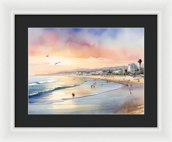 Santa Monica Beach, Framed Print, Watercolor, Impressionistic Landscape, Beach Artwork, Beach Landscape, California Art, Wall Décor, Wall Art