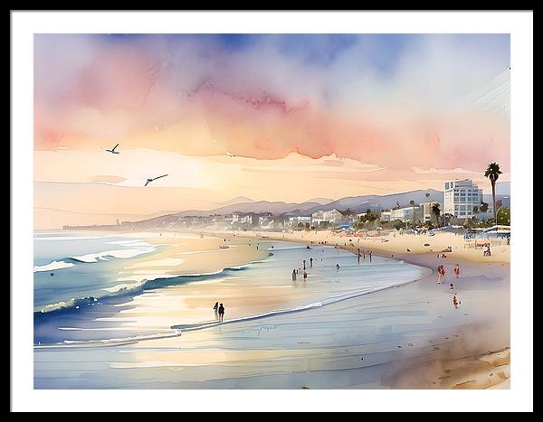 Santa Monica Beach, Framed Print, Watercolor, Impressionistic Landscape, Beach Artwork, Beach Landscape, California Art, Wall Décor, Wall Art