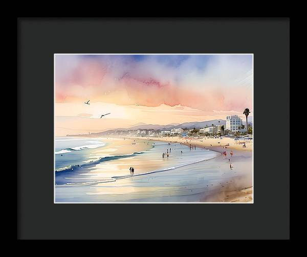 Santa Monica Beach, Framed Print, Watercolor, Impressionistic Landscape, Beach Artwork, Beach Landscape, California Art, Wall Décor, Wall Art