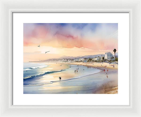 Santa Monica Beach, Framed Print, Watercolor, Impressionistic Landscape, Beach Artwork, Beach Landscape, California Art, Wall Décor, Wall Art