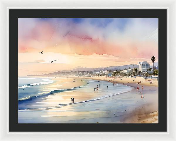 Santa Monica Beach, Framed Print, Watercolor, Impressionistic Landscape, Beach Artwork, Beach Landscape, California Art, Wall Décor, Wall Art