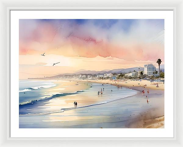 Santa Monica Beach, Framed Print, Watercolor, Impressionistic Landscape, Beach Artwork, Beach Landscape, California Art, Wall Décor, Wall Art