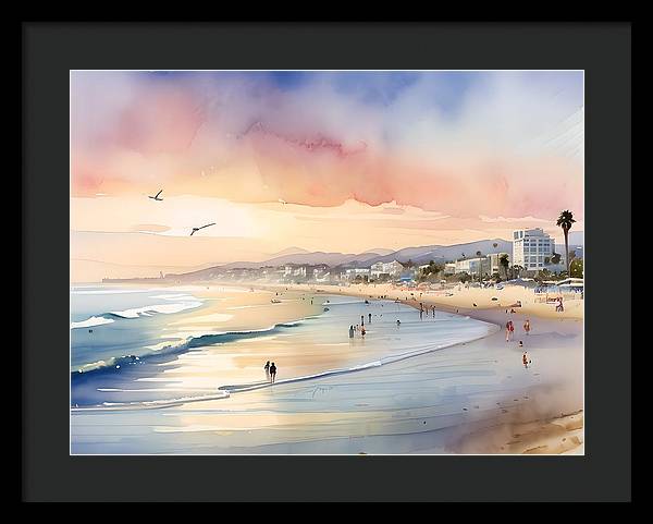 Santa Monica Beach, Framed Print, Watercolor, Impressionistic Landscape, Beach Artwork, Beach Landscape, California Art, Wall Décor, Wall Art