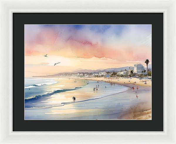 Santa Monica Beach, Framed Print, Watercolor, Impressionistic Landscape, Beach Artwork, Beach Landscape, California Art, Wall Décor, Wall Art