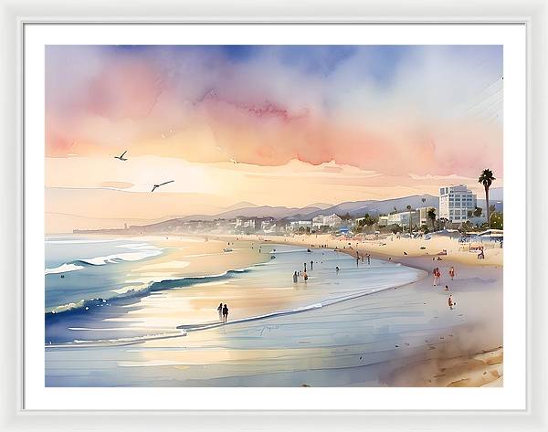 Santa Monica Beach, Framed Print, Watercolor, Impressionistic Landscape, Beach Artwork, Beach Landscape, California Art, Wall Décor, Wall Art