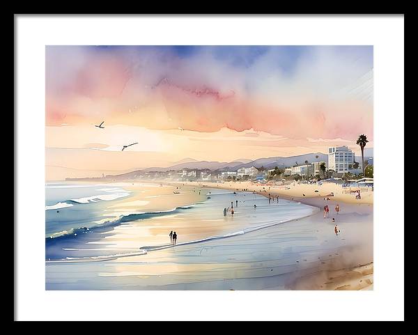 Santa Monica Beach, Framed Print, Watercolor, Impressionistic Landscape, Beach Artwork, Beach Landscape, California Art, Wall Décor, Wall Art