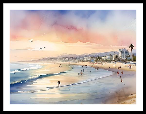 Santa Monica Beach, Framed Print, Watercolor, Impressionistic Landscape, Beach Artwork, Beach Landscape, California Art, Wall Décor, Wall Art