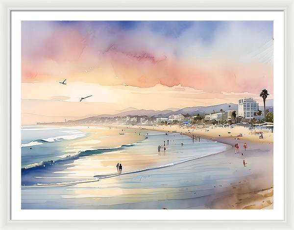 Santa Monica Beach, Framed Print, Watercolor, Impressionistic Landscape, Beach Artwork, Beach Landscape, California Art, Wall Décor, Wall Art