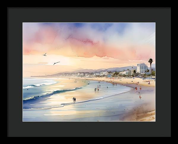 Santa Monica Beach, Framed Print, Watercolor, Impressionistic Landscape, Beach Artwork, Beach Landscape, California Art, Wall Décor, Wall Art