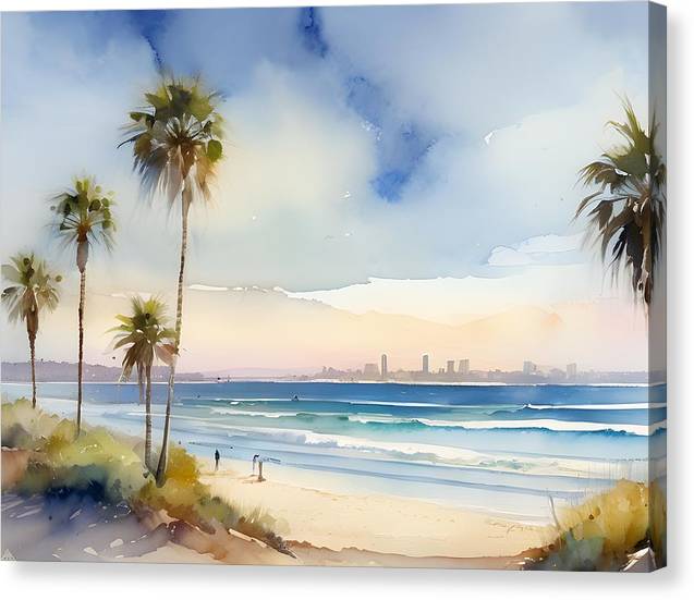 Sunny San Diego, Canvas Print, Watercolor, Impressionistic Landscape, Beach Artwork, Beach Landscape, California Art, Wall Décor, Wall Art