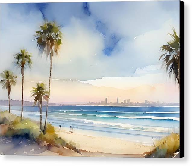 Sunny San Diego, Canvas Print, Watercolor, Impressionistic Landscape, Beach Artwork, Beach Landscape, California Art, Wall Décor, Wall Art