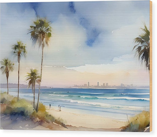 Sunny San Diego, Wood Print, Watercolor, Impressionistic Landscape, Beach Artwork, Beach Landscape, California Art, Wall Décor, Wall Art