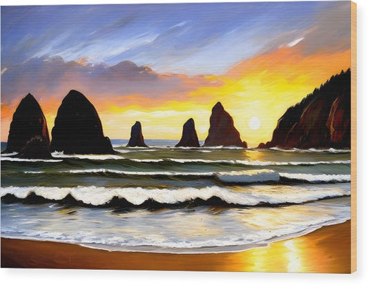 Sunset at Cannon Beach, Wood Print, Oil on Canvas, Landscape Painting, Impressionistic Landscape, Oregon Landscape, Beach Landscape, Impressionistic Oregon, Wall Art, Wall Décor, Artwork, Art Piece