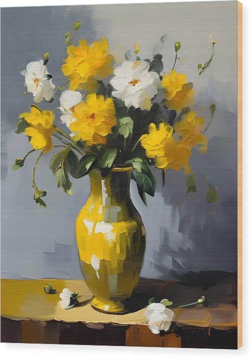 Yellow Vase, Wood Print, Still Life Art, Oil on Canvas, Yellow and White Flowers, Wall Décor, Wall Art, Artwork, Art Piece