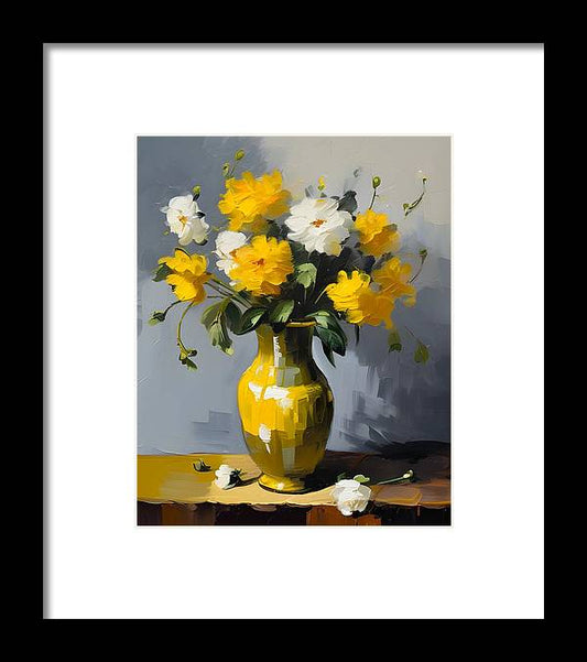 Yellow Vase, Framed Print, Still Life Art, Oil on Canvas, Yellow and White Flowers, Wall Décor, Wall Art, Artwork, Art Piece